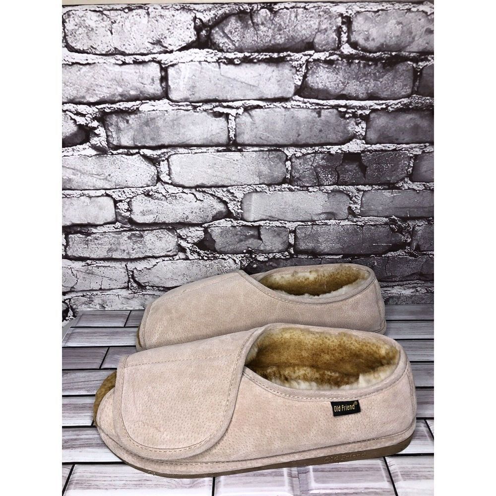 Old Friend Beige Peep Toe Strap Sheepskin Fur Slippers Men Sz 14-15M US/48EU
